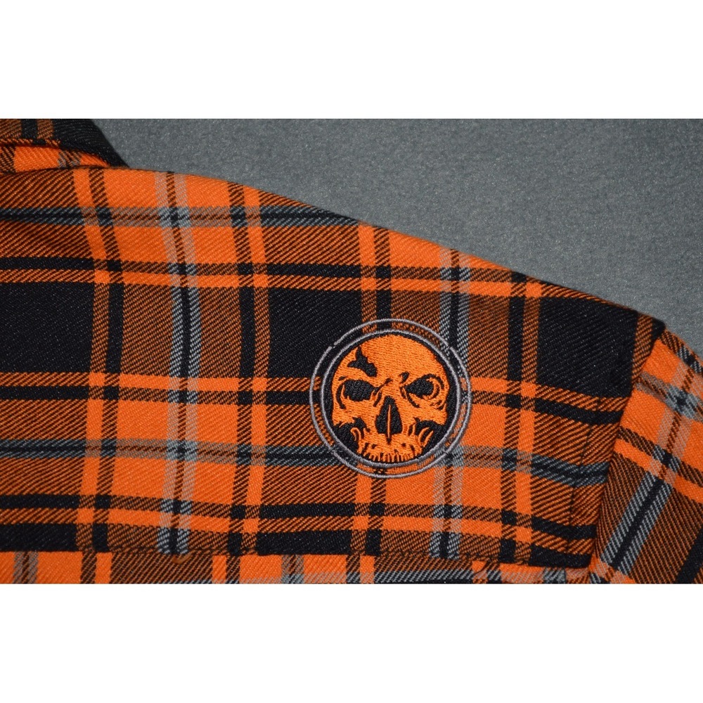 Demons Behind Me Flannel Button Up Shirt 3XLT Orange Black Plaid Skull Patch New - Picture 10 of 12